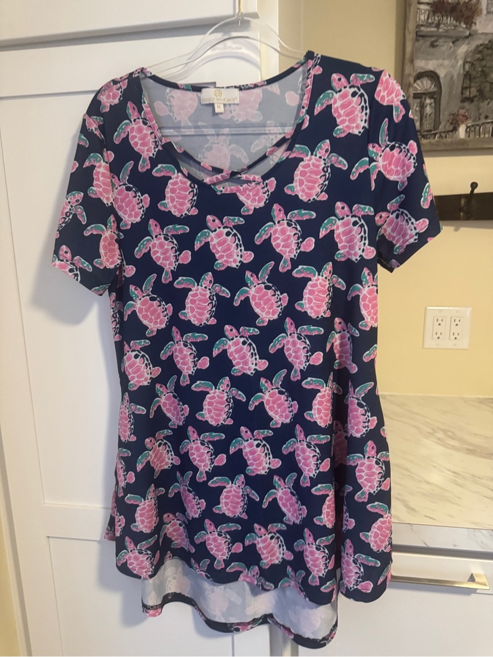 Navy & Pink Turtle Print Women's V-Neck Dress/Cover Up
